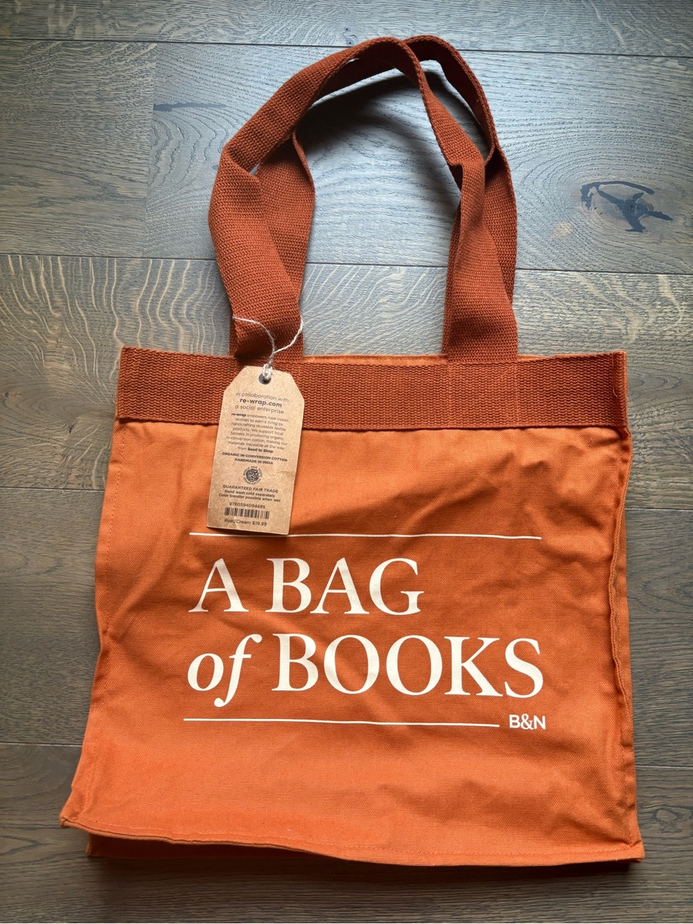 New Barnes & Noble A Bag of Books Tote Bag 100% Organic Cotton In Rust Canvas